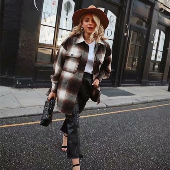 Boyfriend Fit Plaid Jacket Coat Brown Trucker - Picture 3 of 16